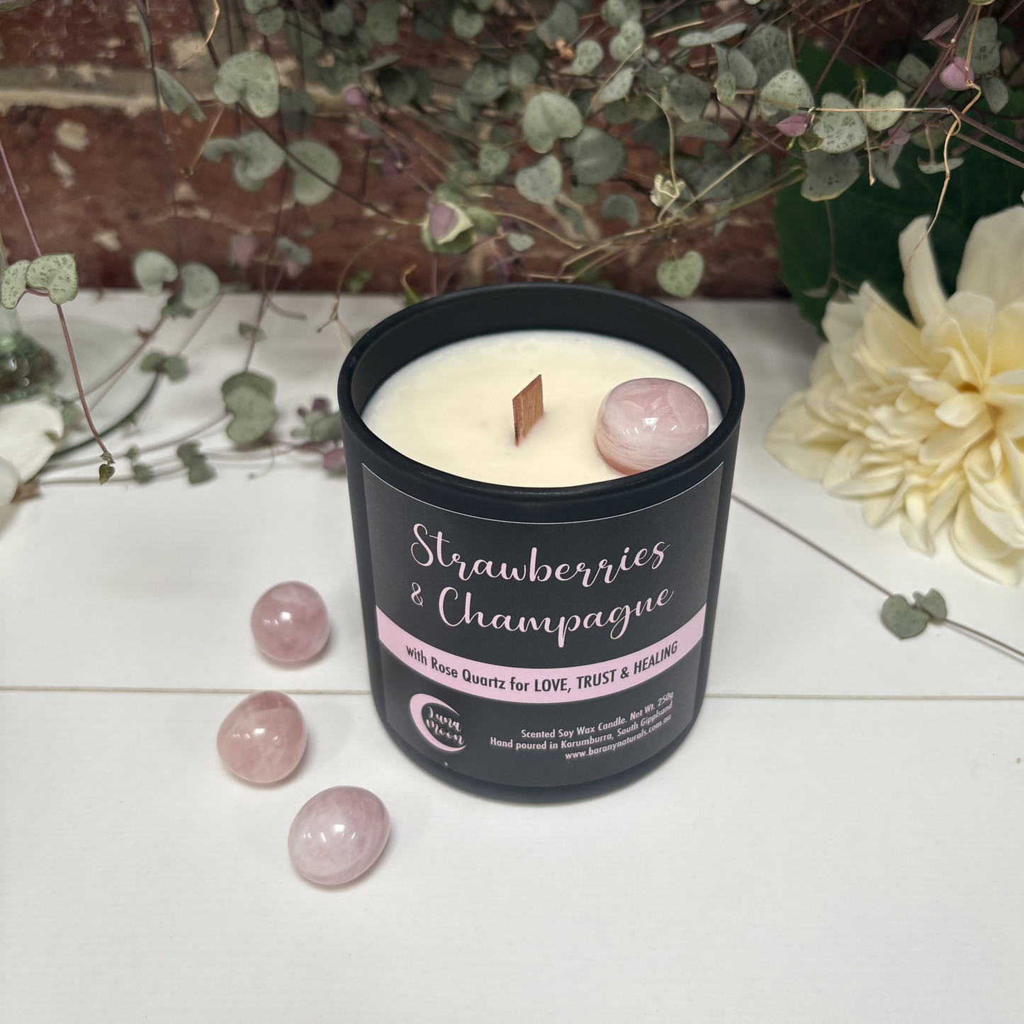 Strawberries & Champagne Candles - Rose Quartz Crystal